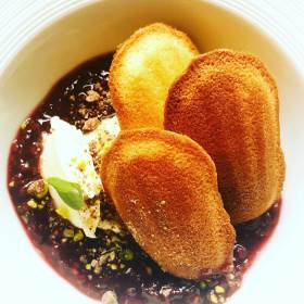 Almond madeleines with raspberry compote and citrus creme fraiche